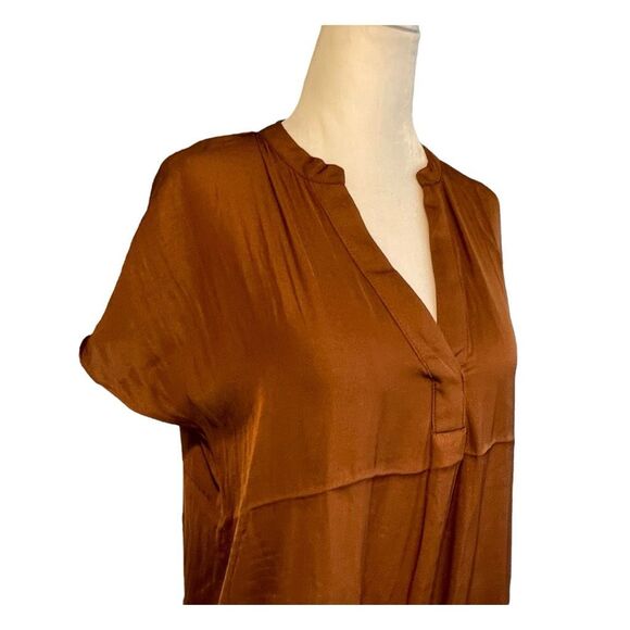 Madison d'Amelie Blouse Chocolate Brown Satin Notch Collar Short Sleeves XS - Picture 2 of 8